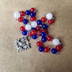 Anglican prayer beads, Patriotic Methodist rosary, Protestant prayer beads, Episcopal rosary, red white and blue Malay jade, stainless steel