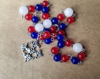Anglican prayer beads, Patriotic Methodist rosary, Protestant prayer beads, Episcopal rosary, red white and blue Malay jade, stainless steel