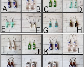 Cute earrings, whimsical earrings, stainless steel ear wires, beverage earrings, beer earrings, bottled water earrings, alcohol earrings