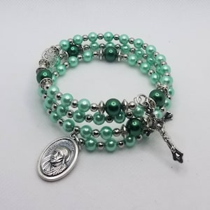 Rosary bracelet, five decade Catholic memory wire wrap bracelet, green glass pearls, silver, St. Mother Teresa  medal, rosary bracelet
