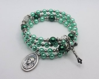 Rosary bracelet, five decade Catholic memory wire wrap bracelet, green glass pearls, silver, St. Mother Teresa  medal, rosary bracelet