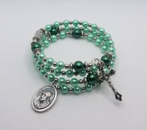 Rosary bracelet, five decade Catholic memory wire wrap bracelet, green glass pearls, silver, St. Mother Teresa medal, rosary bracelet