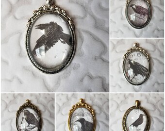 Raven pendant, photo behind glass, raven pendants, glass cabochon, photo jewelry,  photo jewelry, raven necklace, crow jewelry, bird pendant