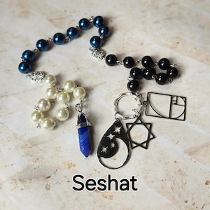 Seshat prayer beads, Kemetic Goddess prayer beads, hand-wired, beautiful beads, silver-toned charms, Goddess, Egyptian, pagan,