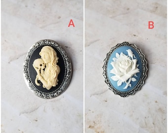 Cameo brooch, silver-toned brooch pins, cameo pin, Wedgewood blue cameo, floral cameo, Goth brooch, Day of the dead cameo brooch