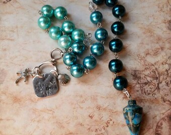 Mabon prayer beads,pagan prayer beads, Mabon witches prayer beads, stainless steel, teal glass pearls, Sea Sediment Jasper, ocean themed
