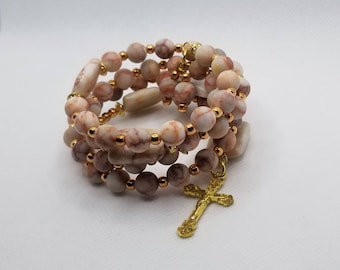 Five decade rosary bracelet, memory wire bracelet, wrap bracelet, Redline Marble beads, religious bracelet, gold crucifix,  Catholic rosary