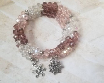 Snowflake jewelry, snowflake bracelet, memory wire bracelet, wrap bracelet, glass pearls, snowflake jewelry, Czech faceted glass beads