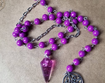 Witches ladder, pagan prayer beads, Wiccan beads, stainless steel, purple glass beads, pink pendulum point, Celtic knotwork charm, Wiccan