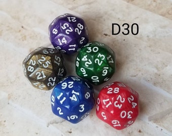One d30 die, Individual d30 die, extra dnd dice, d30 polyhedral dice, dnd dice, gaming dice, large d30 dice.