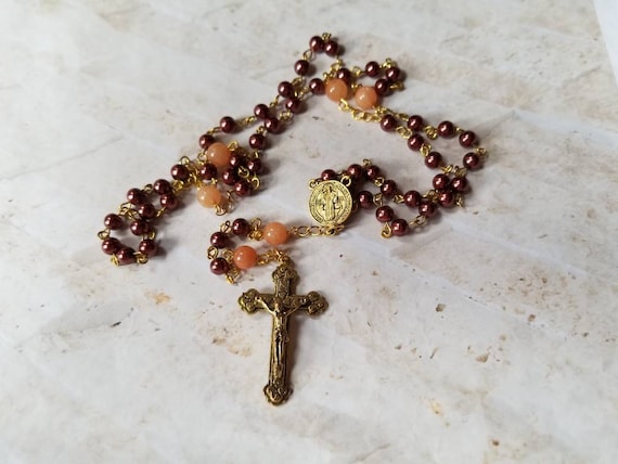 Five decade rosary, brown glass pearls, St Benedict center, budded crucifix, butterscotch Malay jade, gemstone beads, Catholic rosary, gold