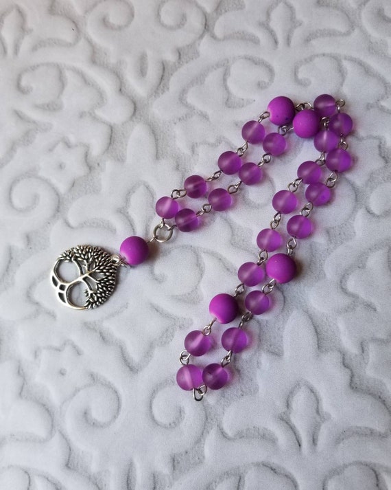 UU Prayer beads, Unitarian universalist prayer beads, stainless steel, hand wired, purple sea glass, purple rubberized beads, tree of life