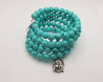 Mala bracelet, 108 bead mala, memory wire bracelet, wrap bracelet, blue glass beads, yoga bracelet, Buddhist  mala beads, meditation beads