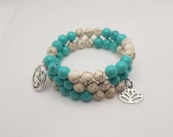 Mala bracelet, 54 bead mala, memory wire bracelet, wrap bracelet, blue glass beads, gemstone beads, yoga bracelet, meditation beads, mala