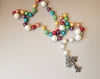 Lutheran prayer beads, Lutheran rosary, rainbow prayer beads, colorful glass pearls, prayer aid, LGBT pride prayer beads, Gothic crucifix