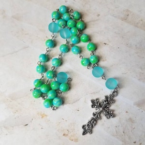 Anglican Prayer beads, Episcopal, Methodist, Protestant rosary, blue and green glass beads, blue sea glass, silver metal cross, religious