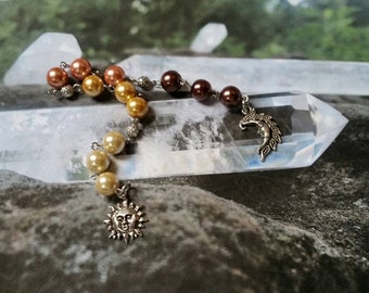 Lammas prayer beads, pagan prayer beads, Lughnasadh prayer beads, stainless steel, glass pearls, sun charm, crescent moon charm, Harvest