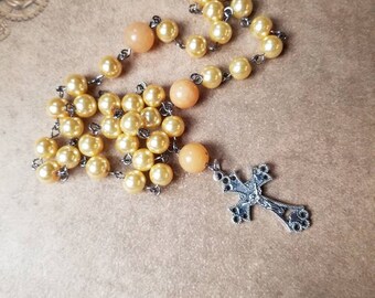 Orthodox Chotki, Orthodox prayer beads, yellow glass pearls, butterscotch colored Malay jade, silver-toned crucifix, hand-wired, Komboskini