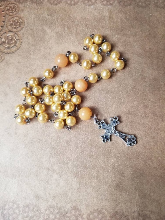 Orthodox Chotki, Orthodox prayer beads, yellow glass pearls, butterscotch colored Malay jade, silver-toned crucifix, hand-wired, Komboskini