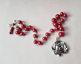 Baha'i prayer beads, 19 and 5 prayer beads, hand-wired, merlot red glass pearls, rose charm, handmade beaded dragonfly, stainless steel