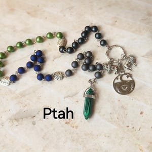 Ptah prayer beads, Egyptian God prayer beads, hand-wired, beautiful beads, silver-toned charms, Egyptian, Kemetic
