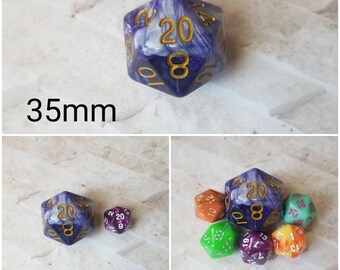 Combo Attack 35mm Jumbo d20, blue and white pearl with gold numbers, giant dnd dice, 35mm d20 dice, huge dnd dice,  jumbo d20, RPG dice