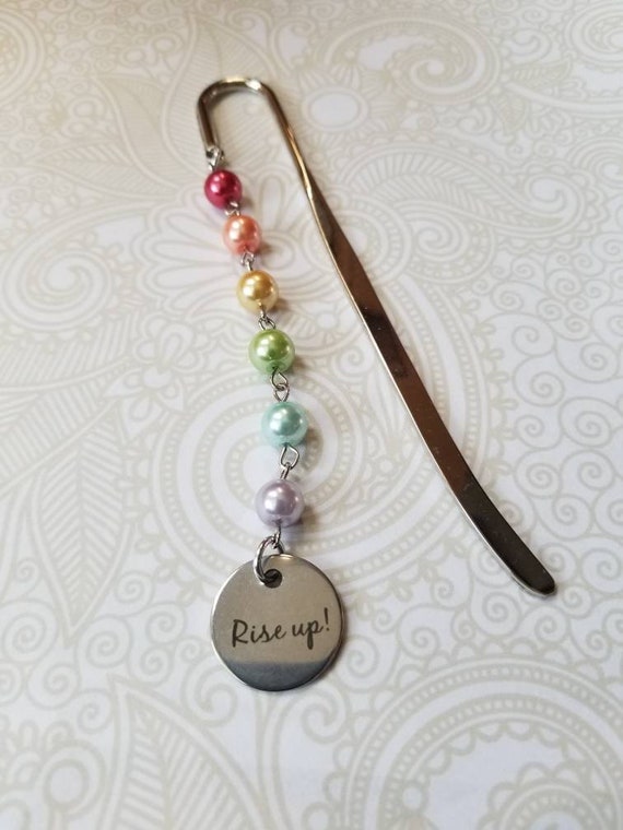 Rainbow bookmark, LGBT pride bookmark, awareness bookmark, rainbow glass pearls, Rise up charm, Shepherd's hook, Rise up rainbow bookmark