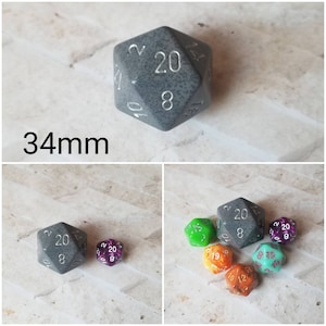 High Tech 34mm Jumbo d20, gray and black speckled with silver numbers, giant dnd dice, 34mm d20 dice, huge dnd dice,  jumbo d20, RPG dice