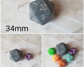 High Tech 34mm Jumbo d20, gray and black speckled with silver numbers, giant dnd dice, 34mm d20 dice, huge dnd dice,  jumbo d20, RPG dice