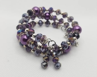 Lutheran rosary bracelet, Lutheran prayer bracelet, memory wire bracelet, wrap bracelet, purple crystal glass beads, budded crucifix silver