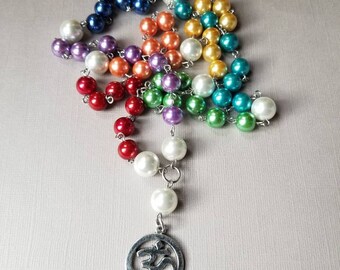 Chakra prayer beads, rainbow prayer beads, Om prayer beads, prayer bead necklace, Chakra meditation aid, silver-toned, large glass pearls