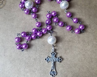 Orthodox prayer beads, Orthodox Chotki, purple and white glass pearls, reversible crucifix, gunmetal toned, Orthodox Chotki, Komboskini