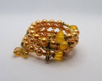 Five decade rosary bracelet, memory wire bracelet, wrap bracelet, golden yellow glass pearls, yellow frosted rubberized glass beads