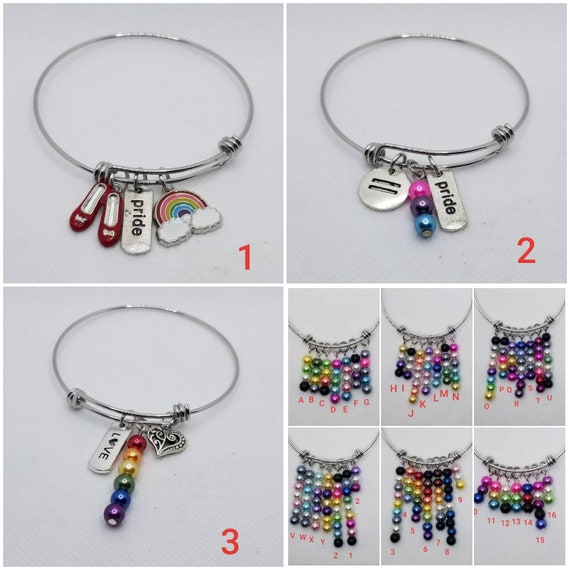 LGBTQ pride bangle, stainless steel charm bangle, Pride jewelry, build your own bangle, 42 different Pride flags, silver toned charms