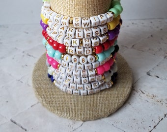 Sets of 10 friendship bracelets, beaded Swiftie bracelets, Eras themed friendship bracelets, stretchy bracelets, swappable concert bracelets