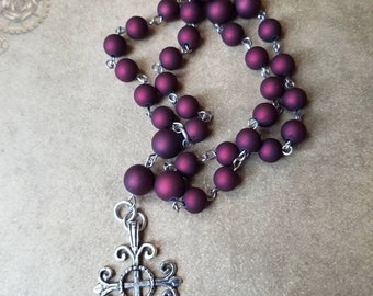 Anglican prayer beads, Episcopal, Protestant prayer beads, Methodist rosary, stainless steel, red satin matte glass pearls, Jerusalem cross