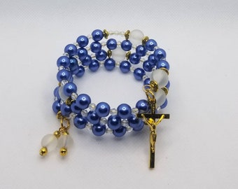Five decade rosary bracelet, memory wire bracelet, wrap bracelet, navy glass pearls, clear frosted glass, religious bracelet, gold crucifix