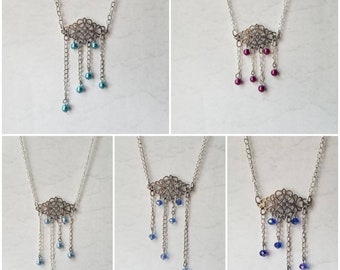 Rain cloud necklace, raindrop necklace, raindrop jewelry, silver toned chain, hand-wired beaded rain dangles, OOAK, silver lining