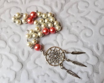 UU Prayer beads, Unitarian universalist prayer beads, stainless steel, hand wired, glass pearls,ivory  and coral, silver-toned dreamcatcher
