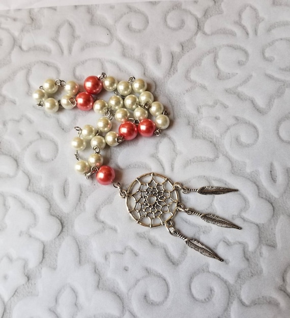 UU Prayer beads, Unitarian universalist prayer beads, stainless steel, hand wired, glass pearls,ivory and coral, silver-toned dreamcatcher