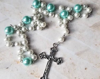Lutheran prayer beads, Lutheran rosary, stainless steel, hand-wired, Winter prayer beads, snow and ice themed prayer beads, glass pearls