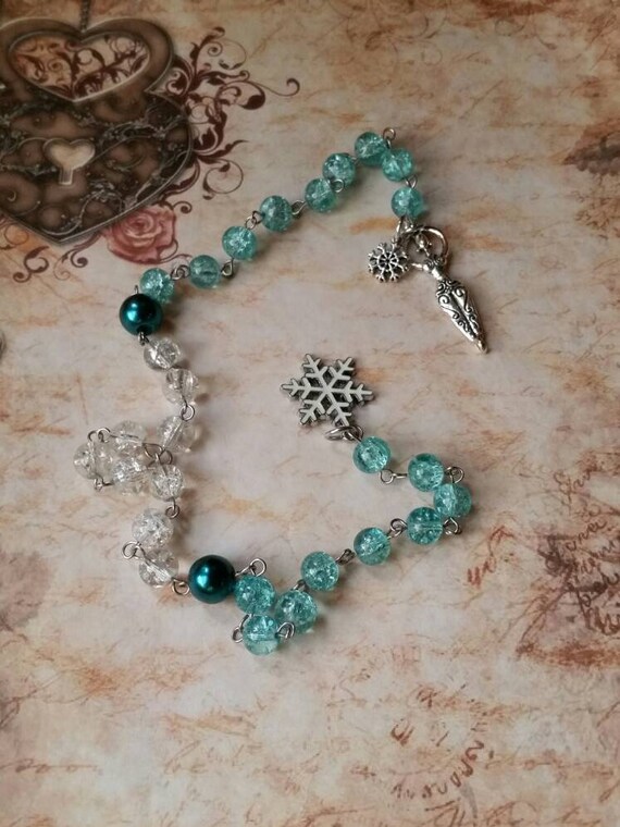 Pagan prayer beads, Winter prayer beads, stainless steel, Ice and snow prayer beads, crackled glass, glass pearls, Snowflake charm, Goddess