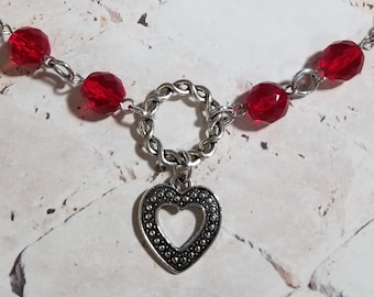Heart day collar, red Czech  glass beads, discreet day collar, symbolic jewelry, BDSM collar, submissive collar, silver o ring, heart charm