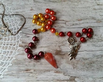 Beltane prayer beads, pagan prayer beads, witches prayer beads, stainless steel, glass pearls, Cherry Quartz, Phoenix charm, sun charm
