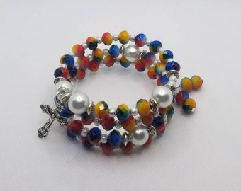 Five decade rosary bracelet, memory wire bracelet, wrap bracelet, multi-colored glass beads, religious bracelet, white glass pearls, silver