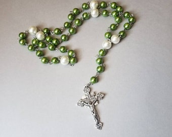 Lutheran prayer beads, Lutheran rosary, stainless steel, hand-wired, green and ivory glass pearls, detailed crucifix, religious prayer beads