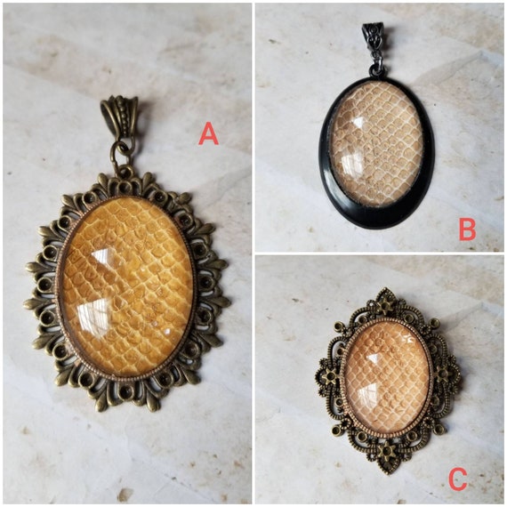 Snake shed jewelry, snake shed pendant, snakeskin necklace, cruelty free snake sheds, Ball python shed, Champagne Ball Python pendant