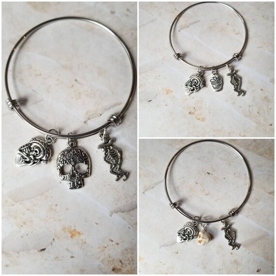 Day of the Dead bracelet, Dia de Los Muertos bangle, expandable bangle, charm bangle, sugar skull bangle, silver-toned, stainless steel