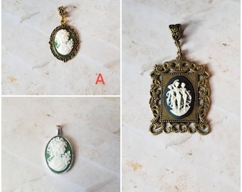 Cameo pendant, cameo necklace, Three Graces cameo pendant, unicorn cameo pendant, girl with pearls cameo pendant, cat cameo pendant
