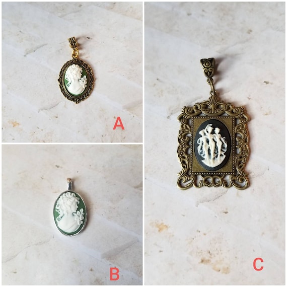 Cameo pendant, cameo necklace, Three Graces cameo pendant, unicorn cameo pendant, girl with pearls cameo pendant, cat cameo pendant